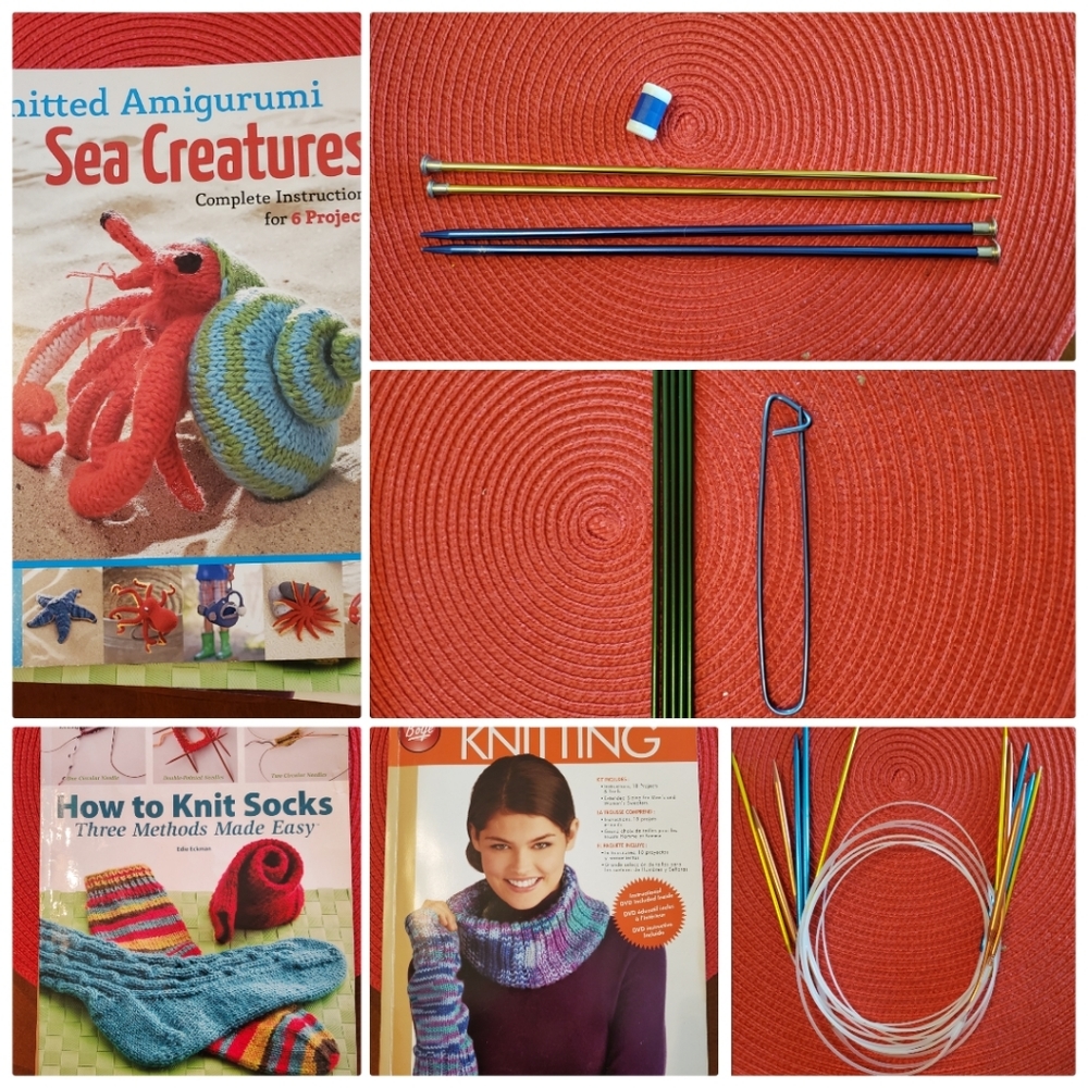 Knitting books DVD and various needlles bundle with yarn